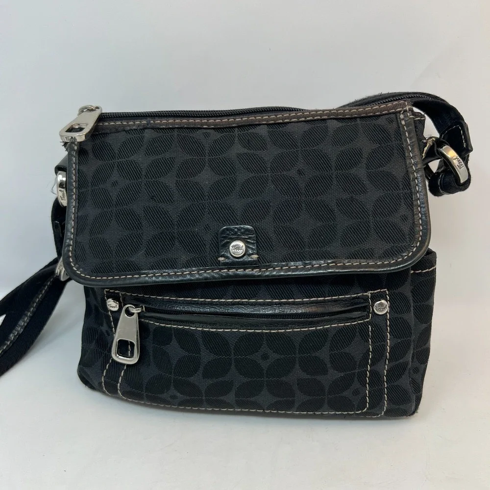 FOSSIL Marlowe Black Fabric Crossbody Purse‎ Pockets Key Charm